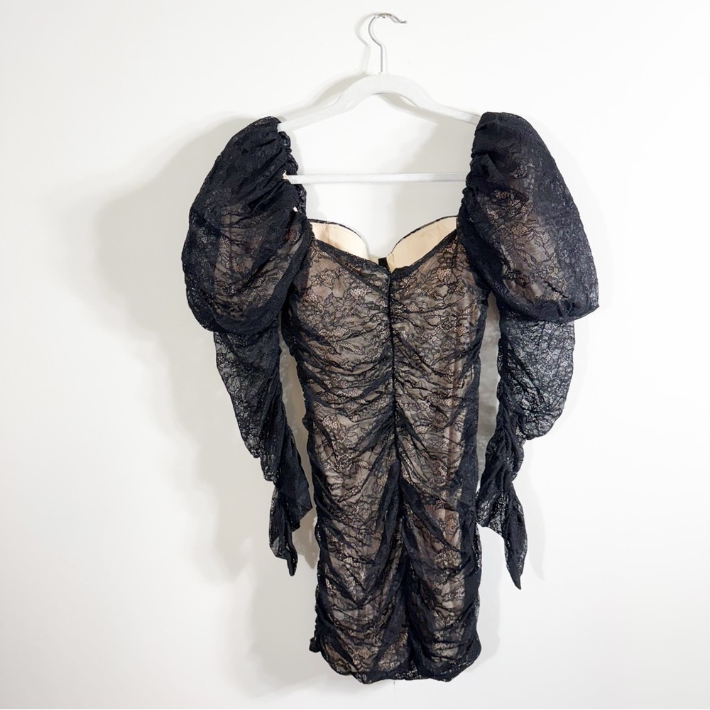 Oh Polly Tell Me More Black Lace Ruched Mini Dress Long Sleeve Puff Shoulders 8 - Picture 3 of 5